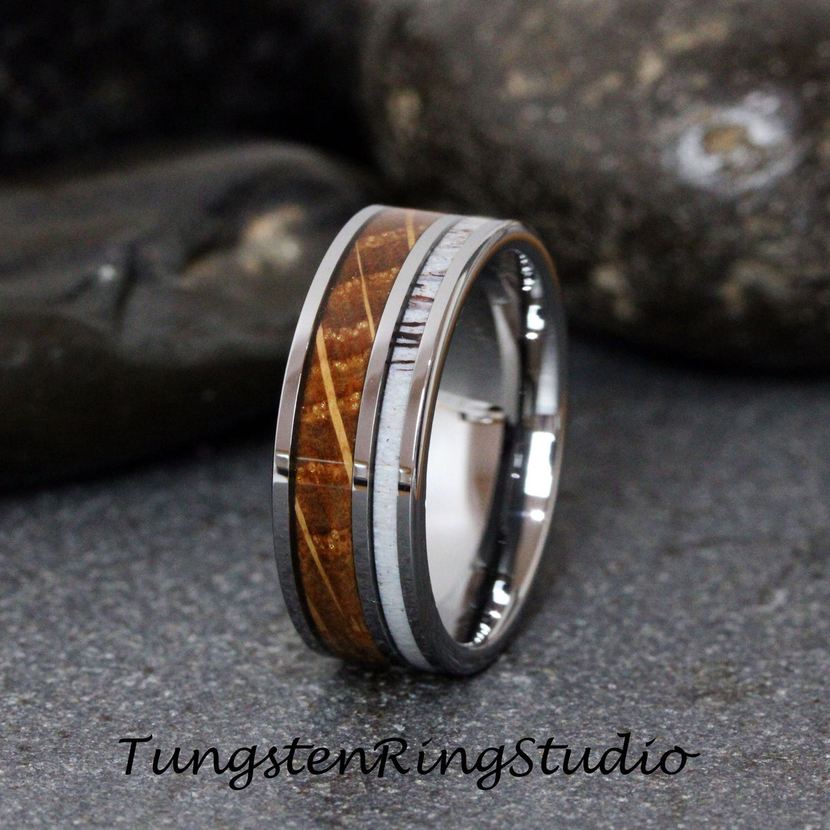 Mens Whiskey Barrel Mens Deer Antler Ring Wood Wedding Silver Gray Tungsten Carbide Anniversary Band 8mm Band Unilateral Inlay Ring