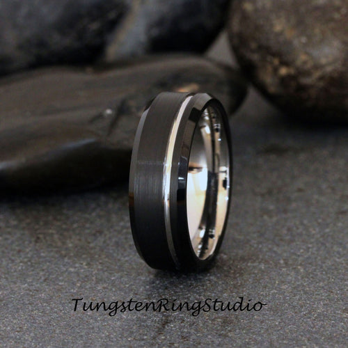Black Beveled Ring White Gold Accent Mens Wedding Ring Brushed Tungsten Carbide Anniversary Band Rose Gold Strip Mens Ring 8mm Black Ring