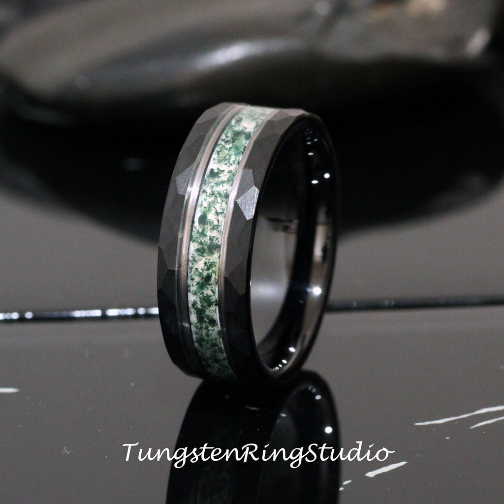 Moss White Gold Accent Green Moss Agate Black Hammer Ring 8mm Tungsten Wedding Ring Eco-Friendly Men Wedding Band Moss Black Ring Mens Ring