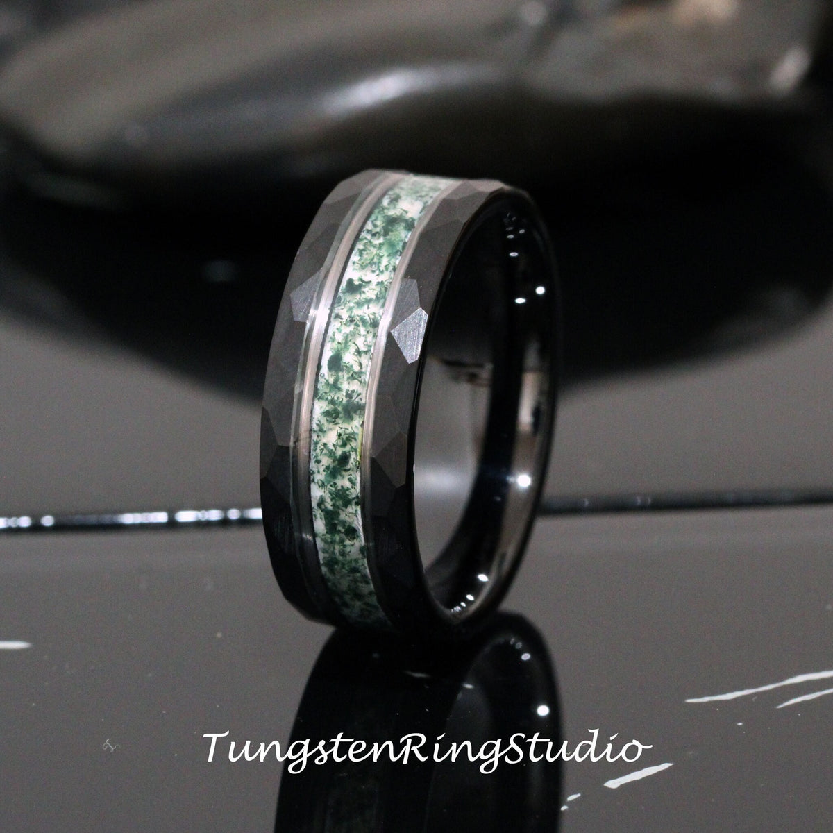 Moss White Gold Accent Green Moss Agate Black Hammer Ring 8mm Tungsten Wedding Ring Eco-Friendly Men Wedding Band Moss Black Ring Mens Ring