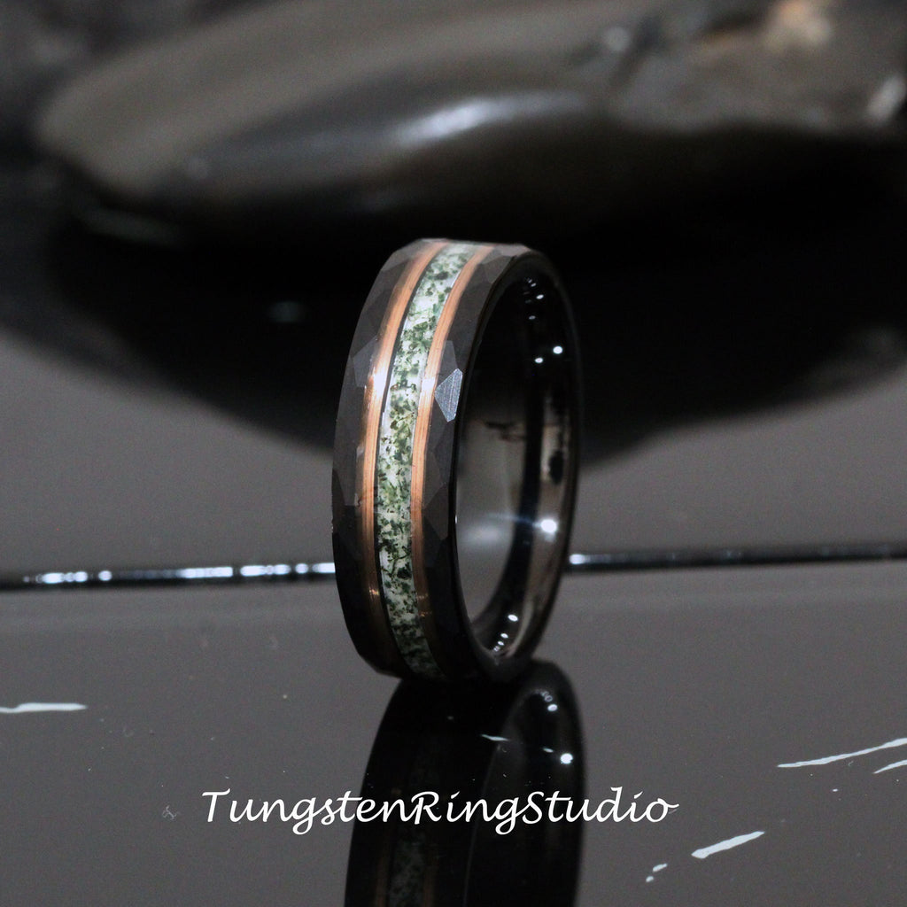 Hammer 6mm Moss Agate Ring 8mm 6mm 4mm Rose Gold Tungsten Wedding Ring Eco-Friendly Men Band Moss Agate Black Ring Mens Ring Men & Women