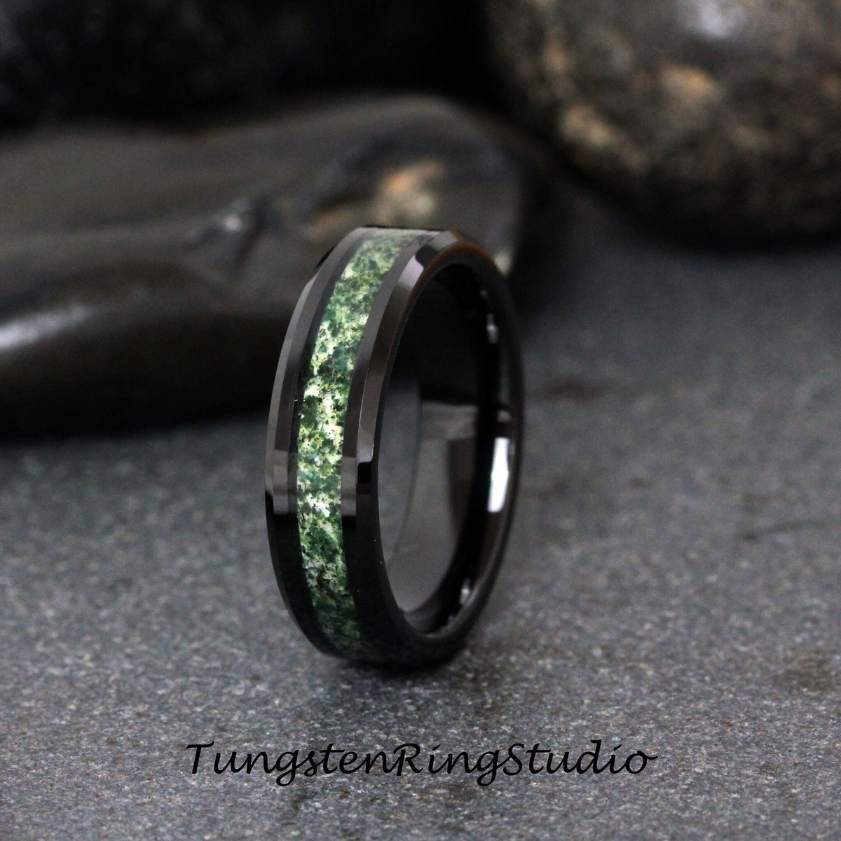 Green Moss Agate Ring Black Beveled Tungsten Ring Mens Wedding Ring Womens Wedding Band Anniversary Ring Engagement Promise Ring 4mm 6mm 8mm