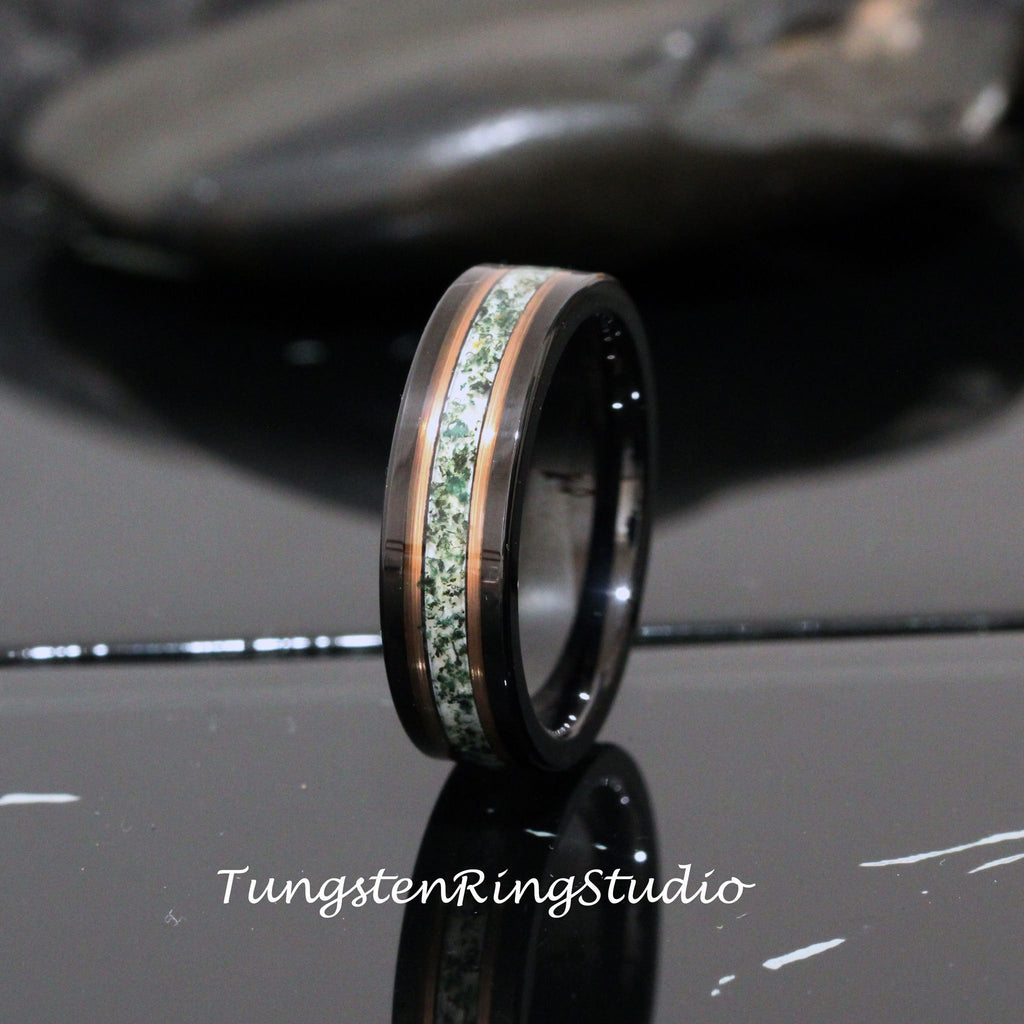6mm Polish Moss Men Ring Green Moss Agate Black Rose Gold Accent Ring 8mm Tungsten Wedding Ring Eco-Friendly Men Wedding Band Mens