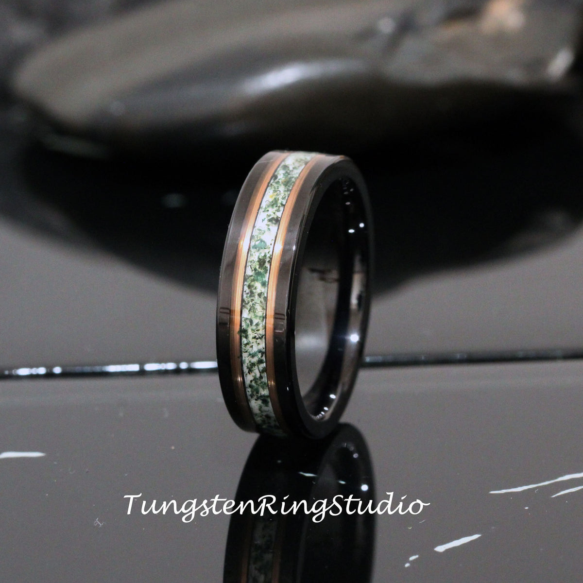 6mm Polish Moss Men Ring Green Moss Agate Black Rose Gold Accent Ring 8mm Tungsten Wedding Ring Eco-Friendly Men Wedding Band Mens