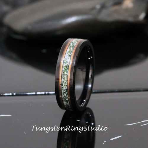6mm Polish Moss Men Ring Green Moss Agate Black Rose Gold Accent Ring 8mm Tungsten Wedding Ring Eco-Friendly Men Wedding Band Mens