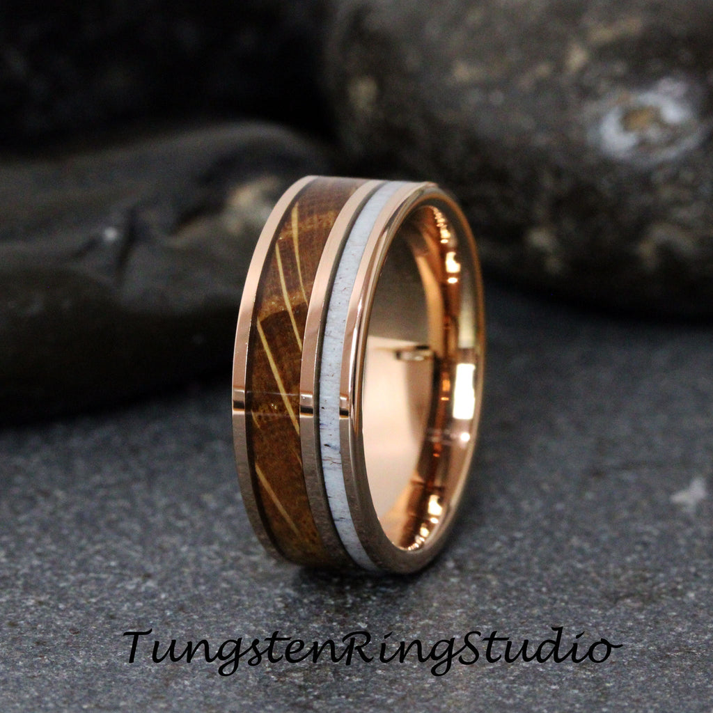 Mens Deer Antler Ring Whiskey Barrel Mens Ring Wood Wedding Rose Gold Tungsten Carbide Anniversary Band 8mm Ring Unilateral Inlay Ring