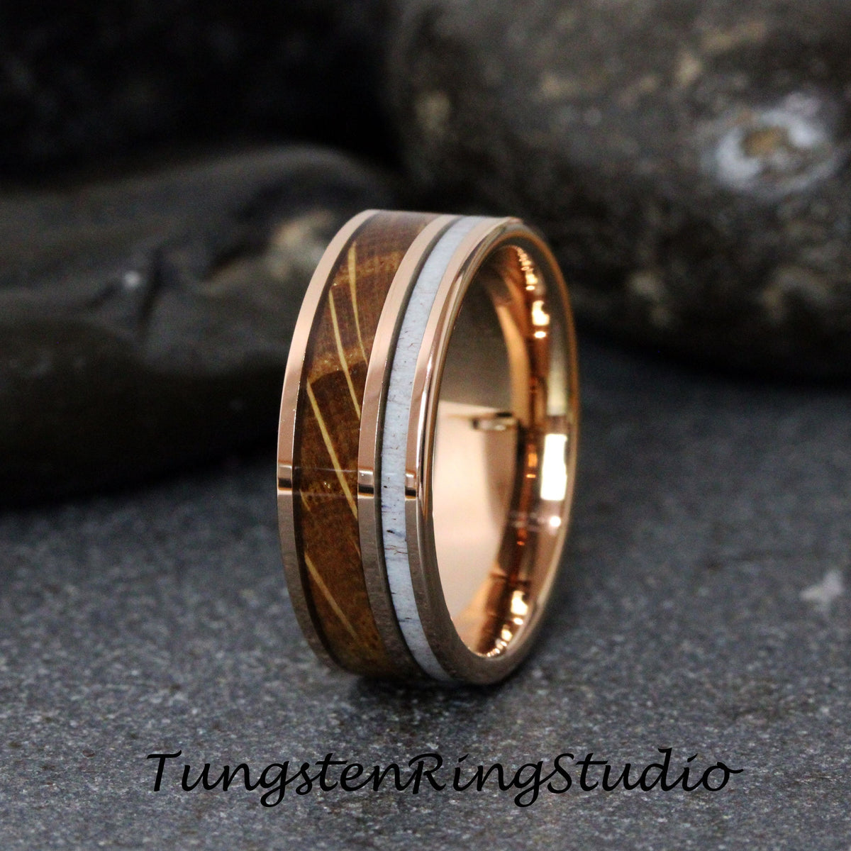 Mens Deer Antler Ring Whiskey Barrel Mens Ring Wood Wedding Rose Gold Tungsten Carbide Anniversary Band 8mm Ring Unilateral Inlay Ring