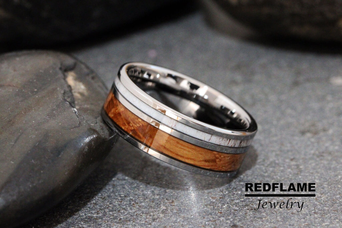 Mens Whiskey Barrel Mens Deer Antler Ring Wood Wedding Silver Gray Tungsten Carbide Anniversary Band 8mm Band Unilateral Inlay Ring