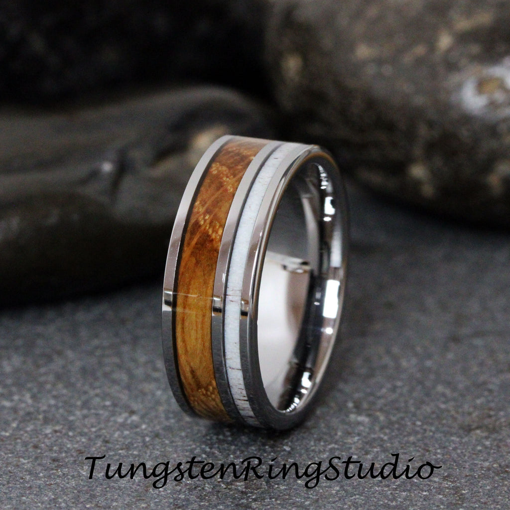 Mens Whiskey Barrel Mens Deer Antler Ring Wood Wedding Silver Gray Tungsten Carbide Anniversary Band 8mm Band Unilateral Inlay Ring