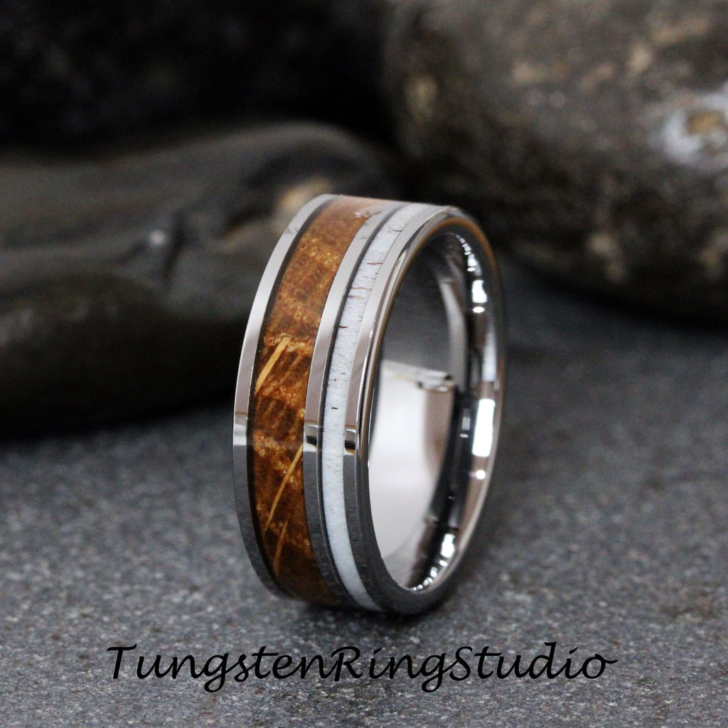 Mens Whiskey Barrel Mens Deer Antler Ring Wood Wedding Silver Gray Tungsten Carbide Anniversary Band 8mm Band Unilateral Inlay Ring