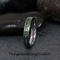May include: A silver tungsten ring with a green inlay. The ring has a beveled edge and a polished finish.