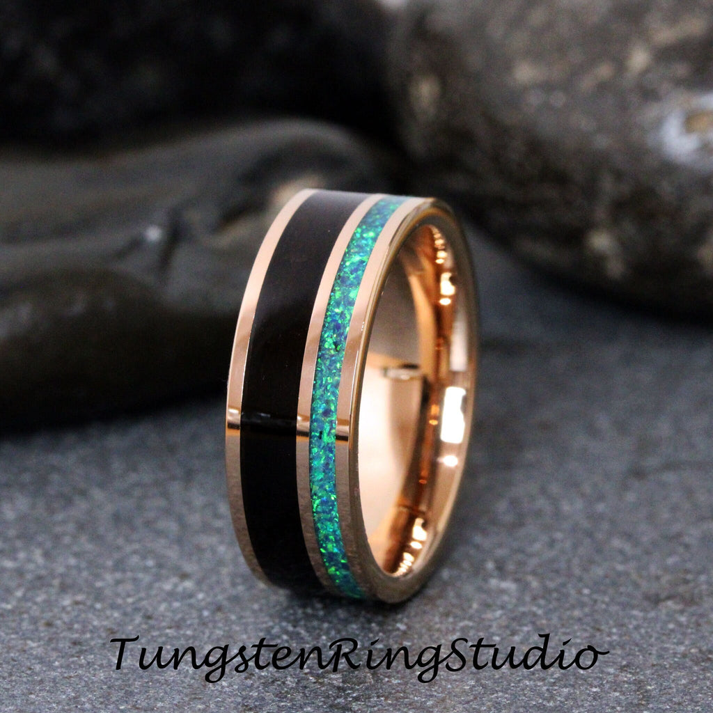 Crushed Opal Koa Wood Rose Gold Tungsten Wedding Ring Match His and Hers Wedding Set Rose Gold Wedding Ring Set Anniversary Ring