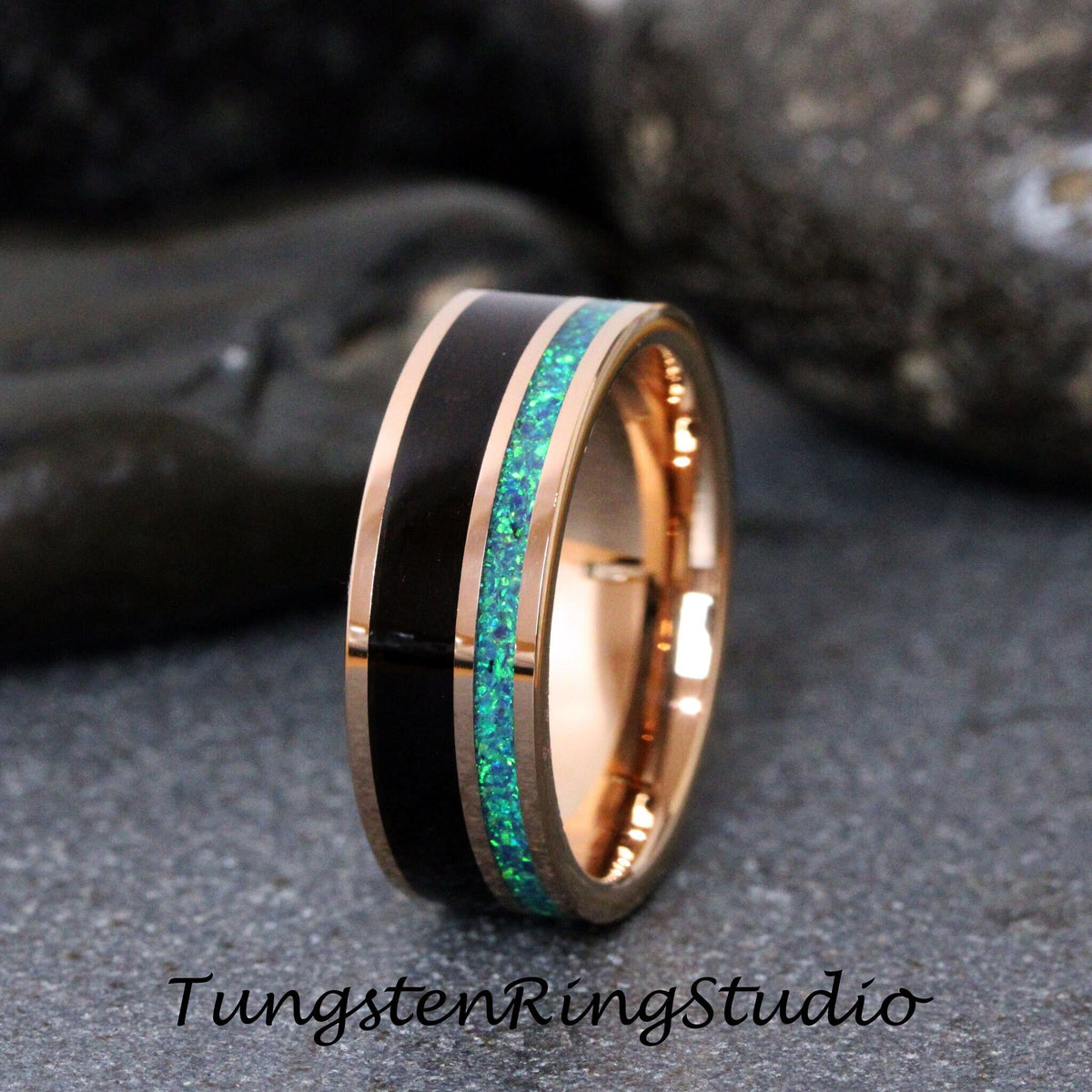 Crushed Opal Koa Wood Rose Gold Tungsten Wedding Ring Match His and Hers Wedding Set Rose Gold Wedding Ring Set Anniversary Ring
