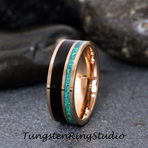 Crushed Opal Koa Wood Rose Gold Tungsten Wedding Ring Match His and Hers Wedding Set Rose Gold Wedding Ring Set Anniversary Ring