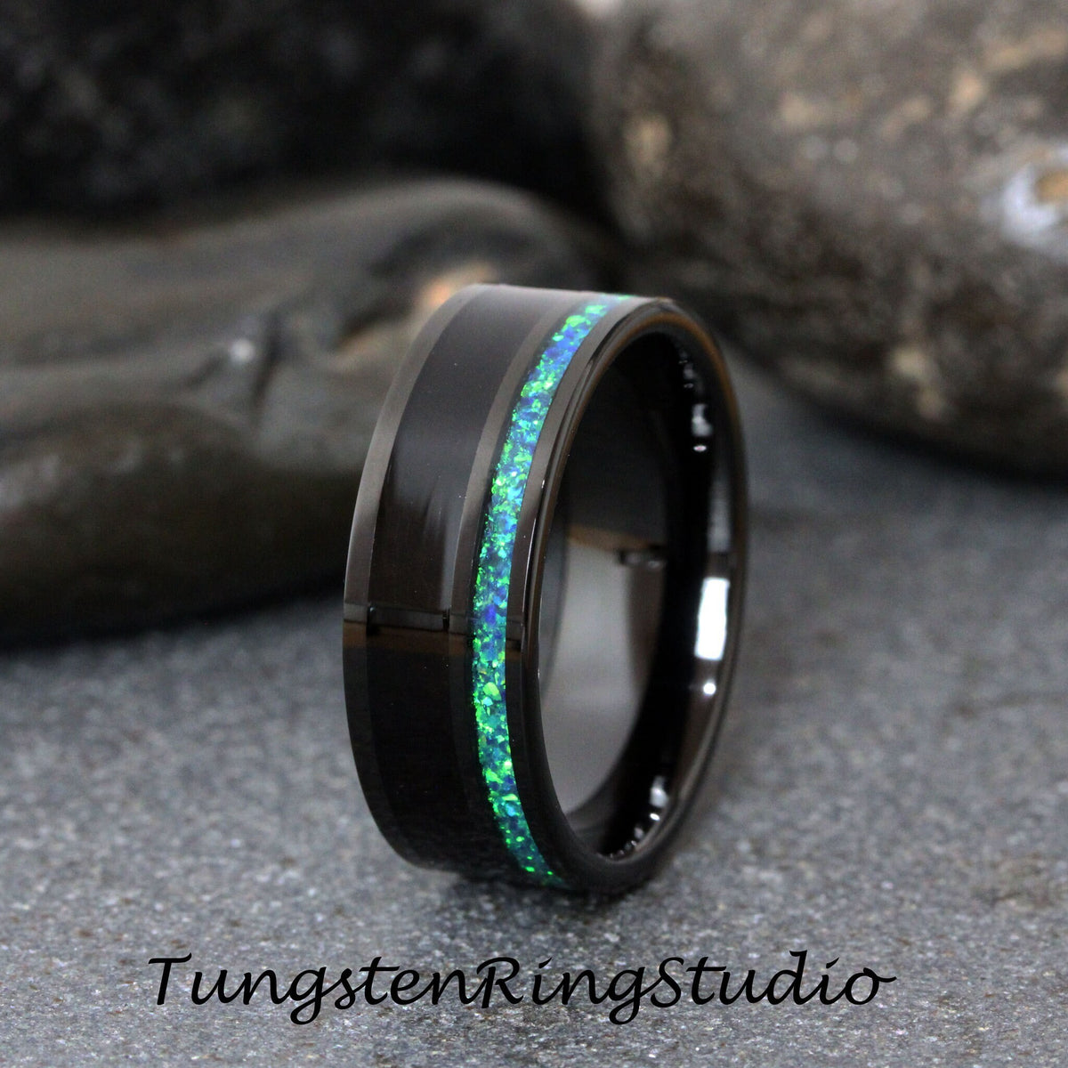 Mens Black Wood Ring Blue Opal Mens Ring African Blackwood Band Tungsten Ring Rose Gold Carbide Unilateral Dark Wood Opal Anniversary 8mm