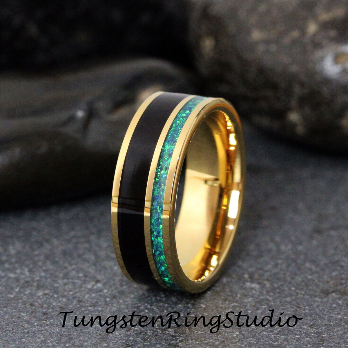 Gold Wood Ring Blue Opal Mens Ring African Blackwood Ring Tungsten Ring Yellow Gold Carbide Unilateral Dark Wood Opal Anniversary 8mm Ring