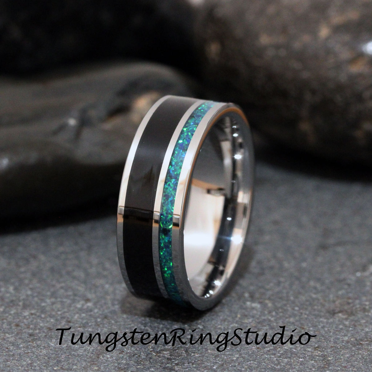 Mens Opal Ring African Blackwood Band Tungsten Ring Rose Gold Carbide Unilateral Dark Wood Opal Anniversary 8mm Black Wood Womens Mens Band