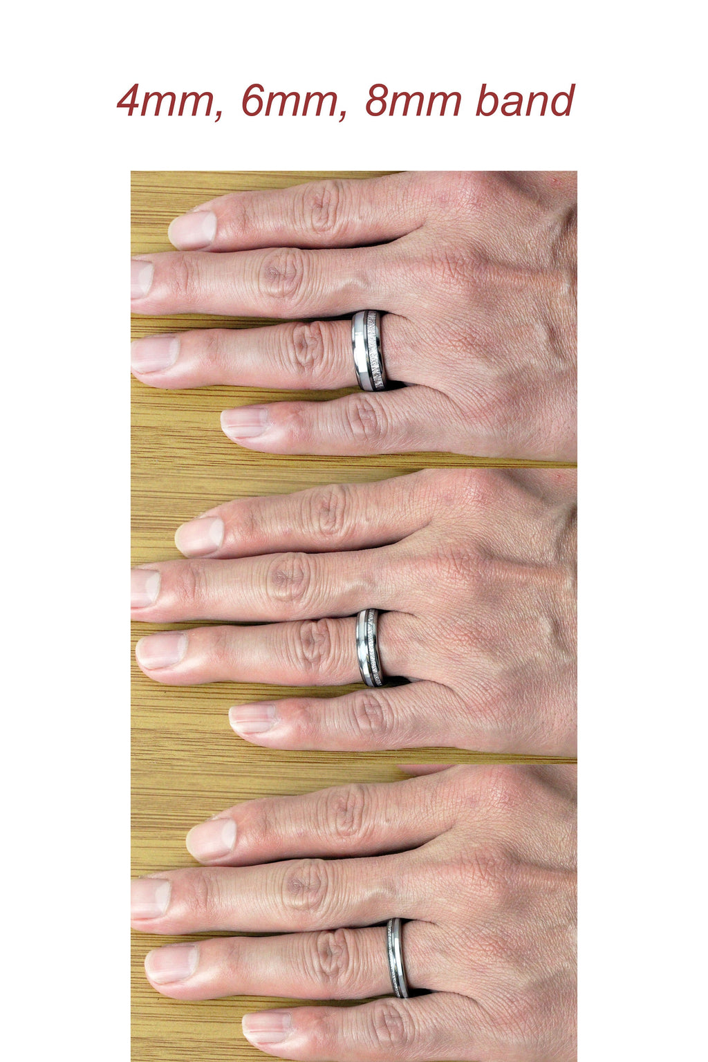 May include: Three tungsten carbide rings with a silver inlay. The rings are shown on a hand, with the top ring being 4mm wide, the middle ring being 6mm wide, and the bottom ring being 8mm wide.