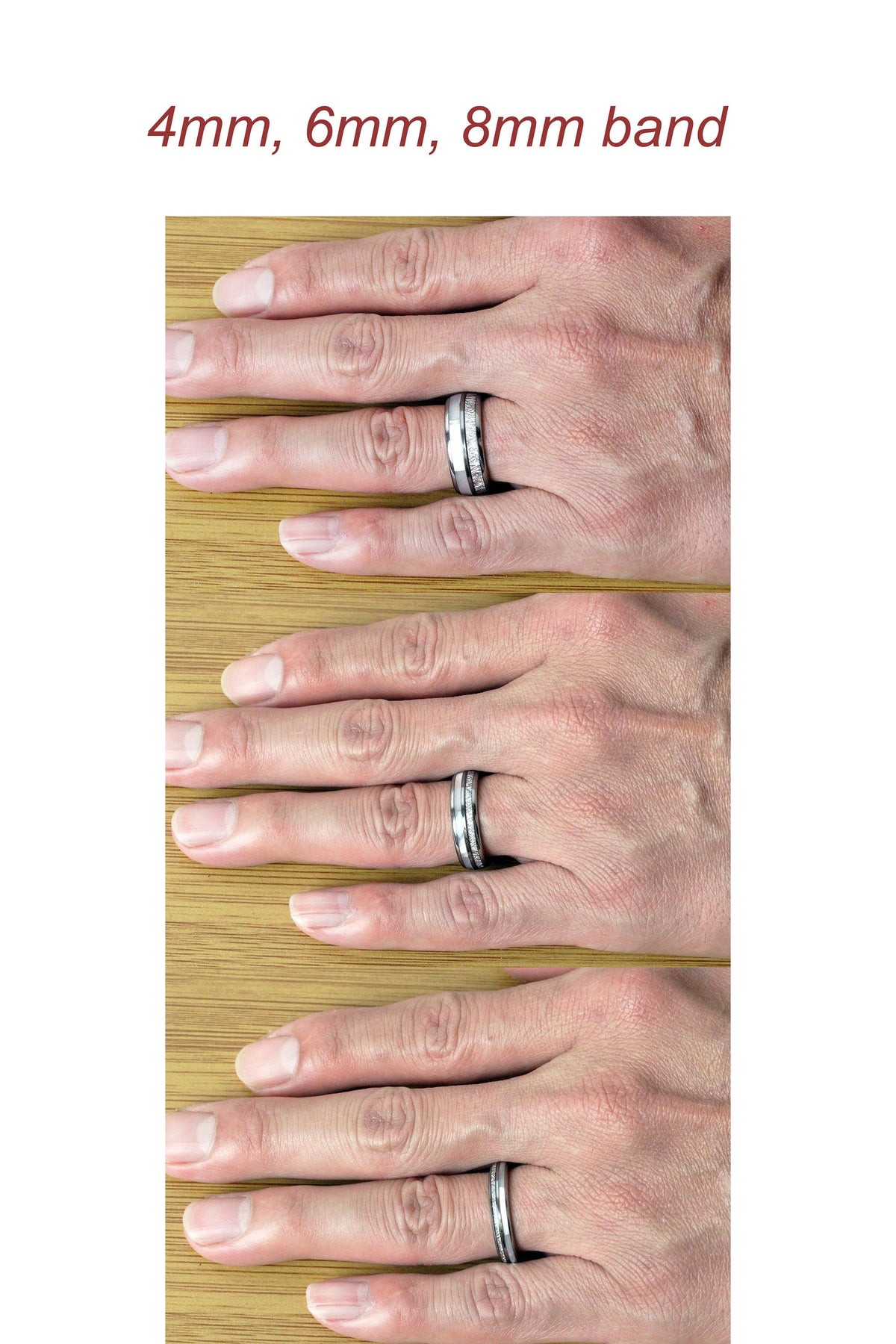 May include: Three tungsten carbide rings with a silver inlay. The rings are shown on a hand, with the top ring being 4mm wide, the middle ring being 6mm wide, and the bottom ring being 8mm wide.