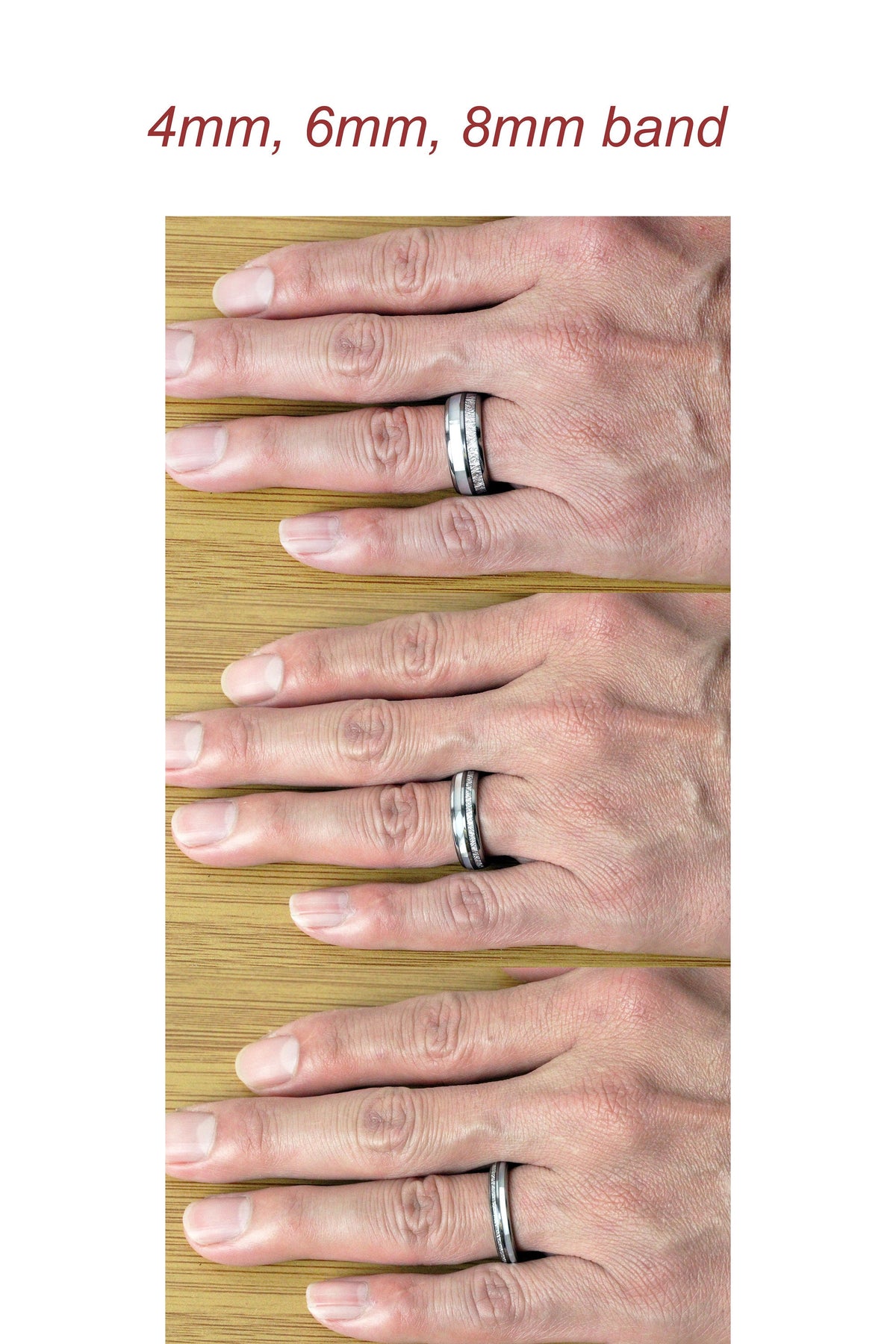May include: Three tungsten carbide rings with a silver inlay. The rings are shown on a hand, with the top ring being 4mm wide, the middle ring being 6mm wide, and the bottom ring being 8mm wide.