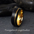Gold Black Beveled Mens Ring Yellow Accent Wedding Ring Brushed Tungsten Carbide Anniversary Band Rose Gold Strip Mens Ring 8mm Black Ring