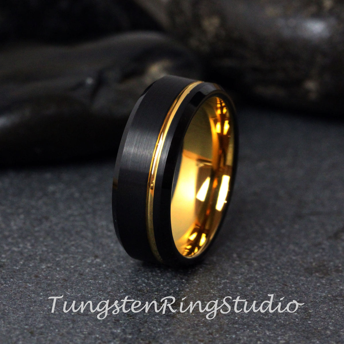 Gold Black Beveled Mens Ring Yellow Accent Wedding Ring Brushed Tungsten Carbide Anniversary Band Rose Gold Strip Mens Ring 8mm Black Ring