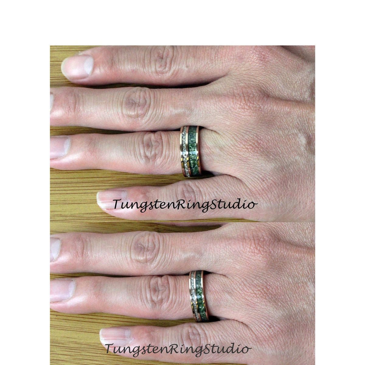 May include: Two rings with a gold band and a green and white inlay are shown on a person's fingers. The rings have a shiny finish and are set against a light wood background. The text "TungstenRingStudio" is visible.