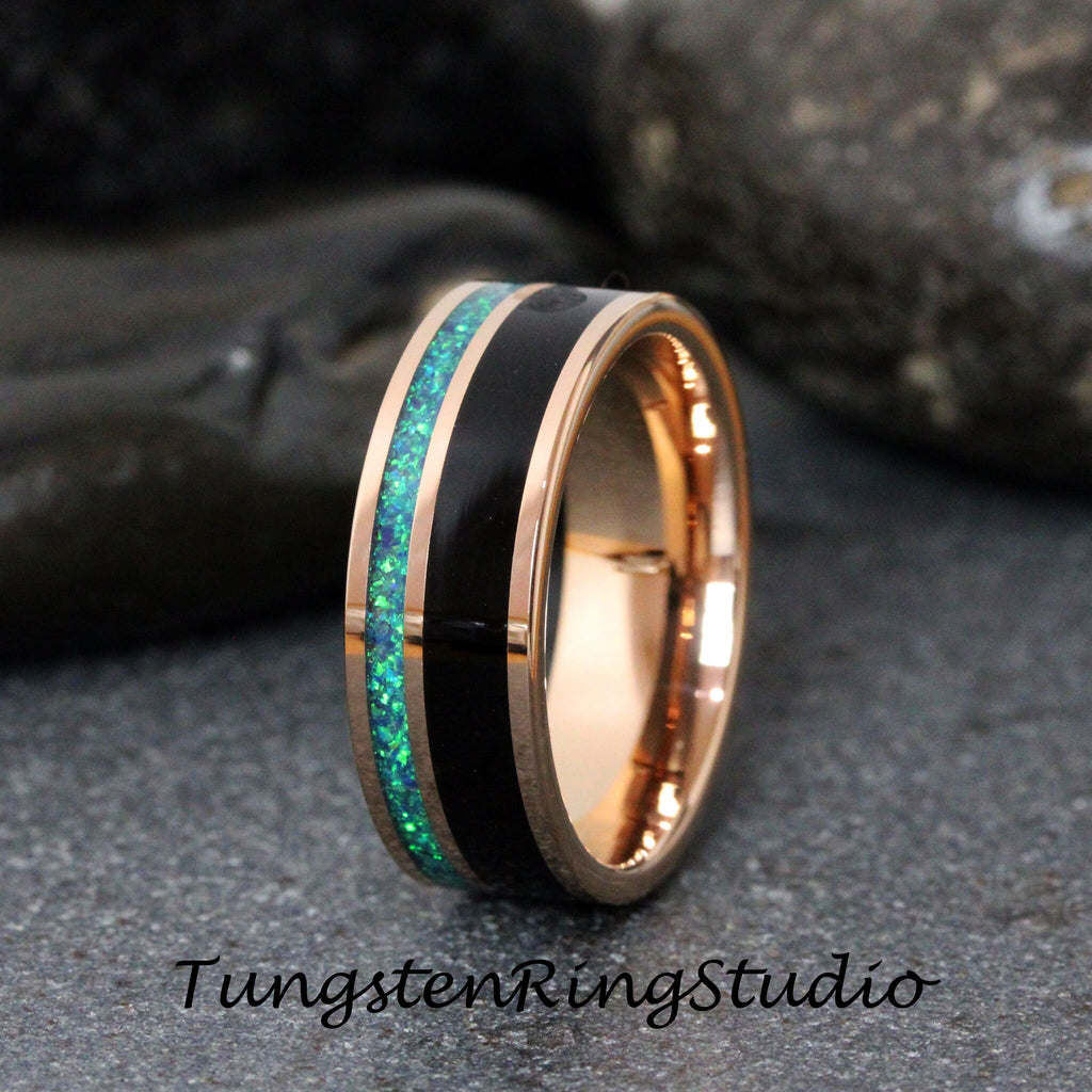 Crushed Opal Koa Wood Rose Gold Tungsten Wedding Ring Match His and Hers Wedding Set Rose Gold Wedding Ring Set Anniversary Ring
