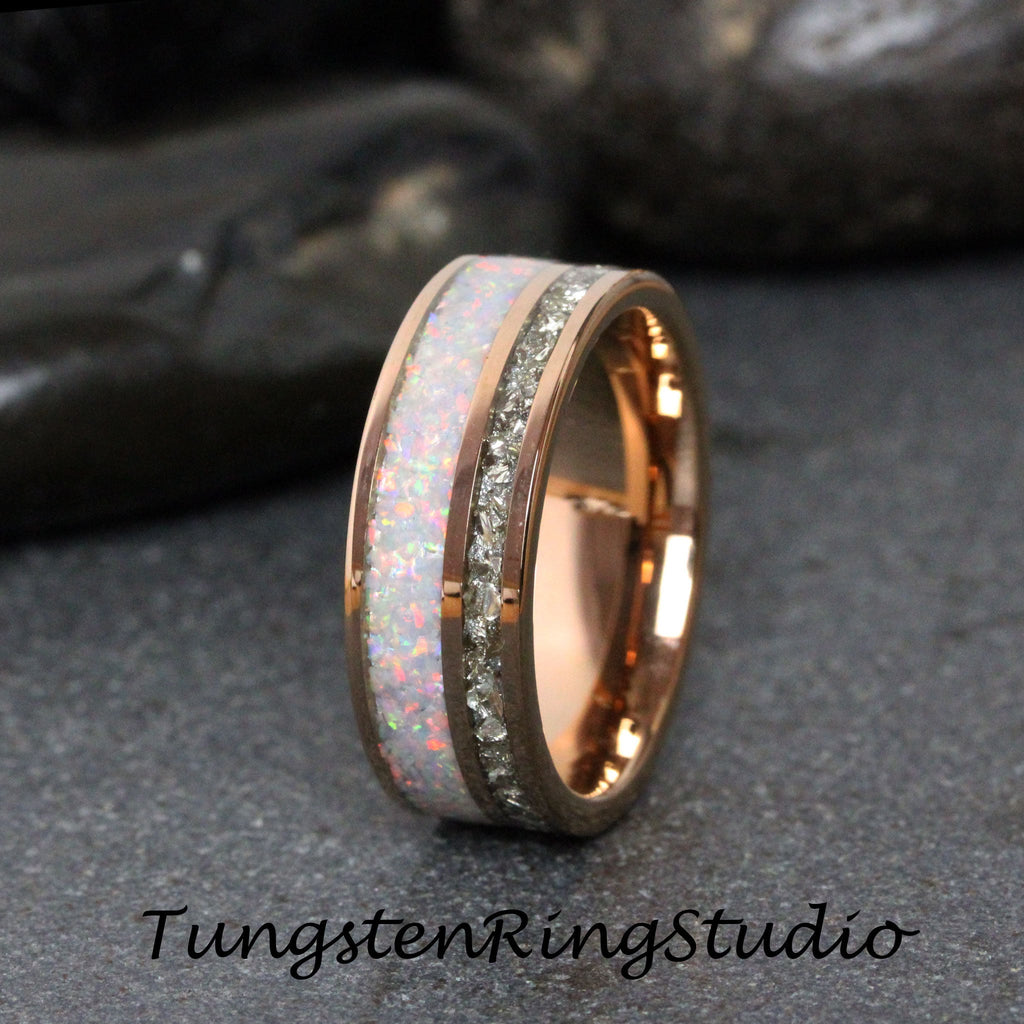 Fire White Opal Ring Silver German Glass Rose Gold Wedding Ring 8mm 6mm Diamond Alternative Tungsten Carbide Mens Band Men & Women Ring
