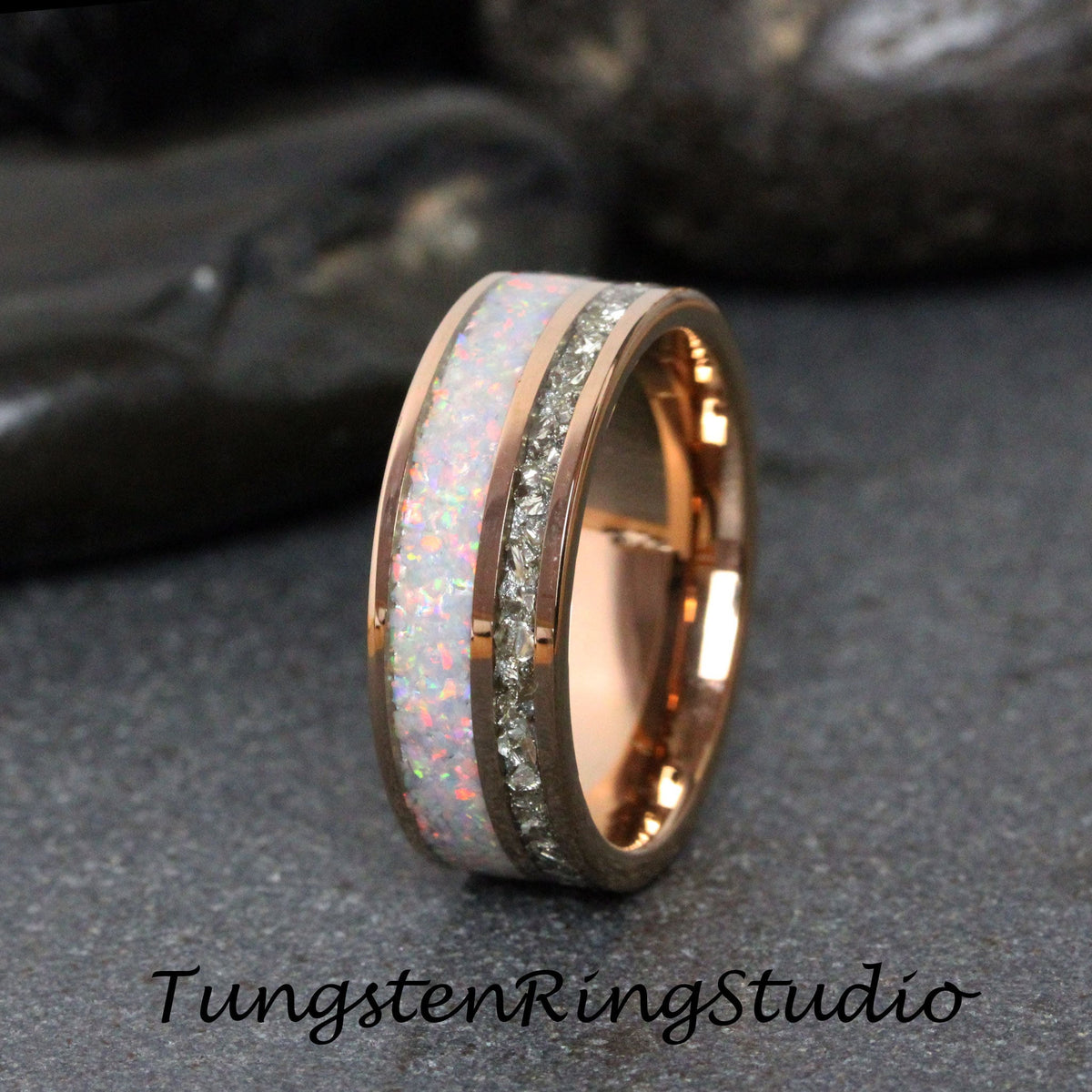 Fire White Opal Ring Silver German Glass Rose Gold Wedding Ring 8mm 6mm Diamond Alternative Tungsten Carbide Mens Band Men & Women Ring