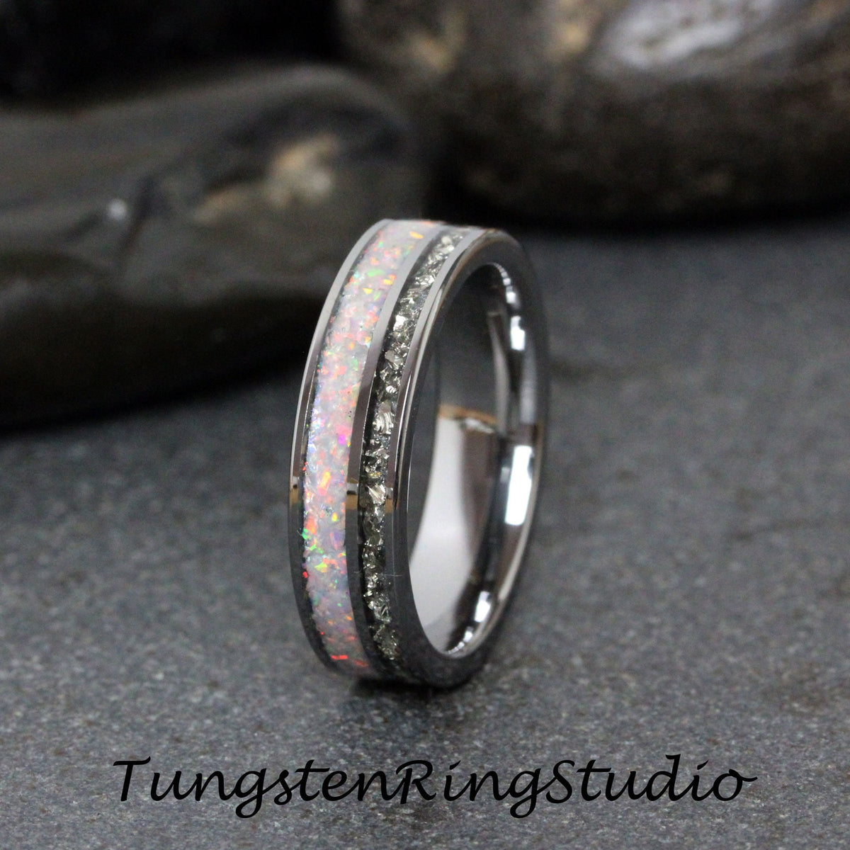 Fire White Opal Ring Silver German Glass Wedding Ring 8mm 6mm Diamond Alternative Gray Tungsten Eco-Friendly Men Band Mens Men & Women Ring