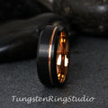 Black Beveled Mens Ring Rose Gold Accent Wedding Ring Brushed Tungsten Carbide Anniversary Band Rose Gold Strip Mens Ring 8mm Black Ring