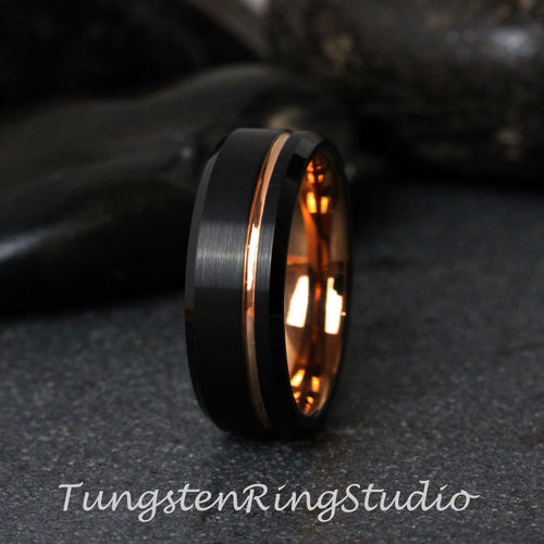 Black Beveled Mens Ring Rose Gold Accent Wedding Ring Brushed Tungsten Carbide Anniversary Band Rose Gold Strip Mens Ring 8mm Black Ring