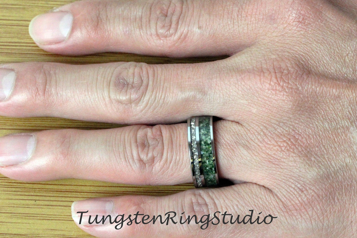 Moss Agate Silver German Glass Wedding Ring 8mm 6mm Diamond Alternative Rose Gold Tungsten Eco-Friendly Men Band Mens Ring Men & Women Ring