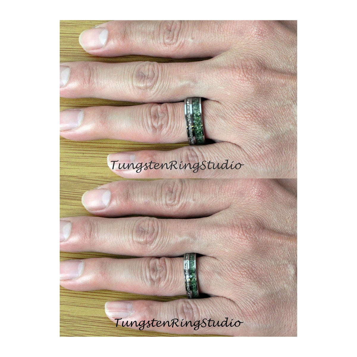 May include: A black tungsten ring with a green and black inlay. The ring is shown on a hand wearing the ring on the ring finger.