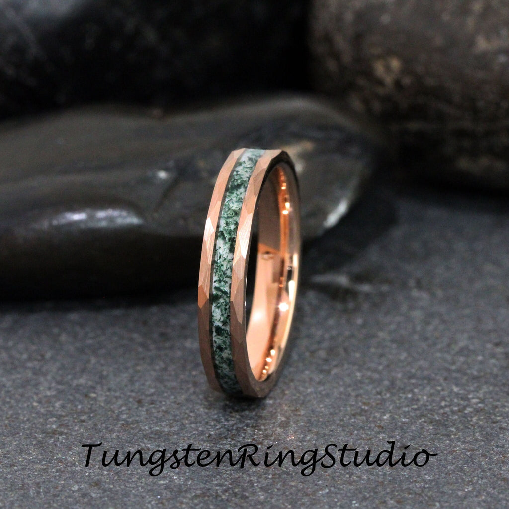 Dainty 4mm Hammer Moss Agate Ring 8mm 6mm Rose Gold Tungsten Wedding Ring Eco-Friendly Men Band Moss Agate Black Ring Mens Ring Men & Women