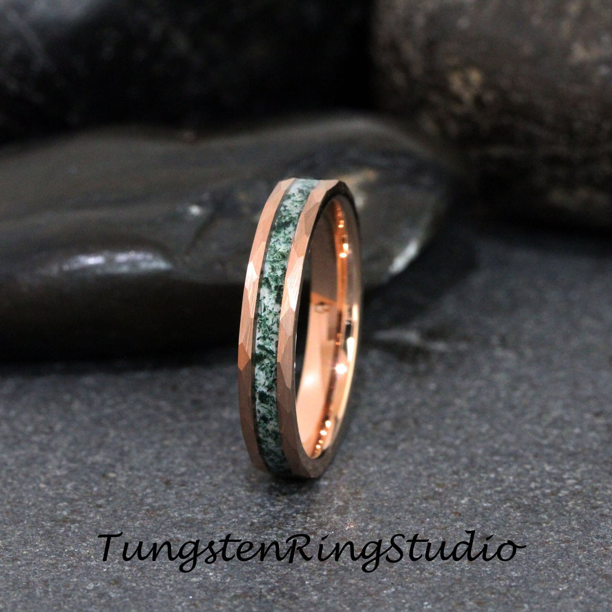 Dainty 4mm Hammer Moss Agate Ring 8mm 6mm Rose Gold Tungsten Wedding Ring Eco-Friendly Men Band Moss Agate Black Ring Mens Ring Men & Women