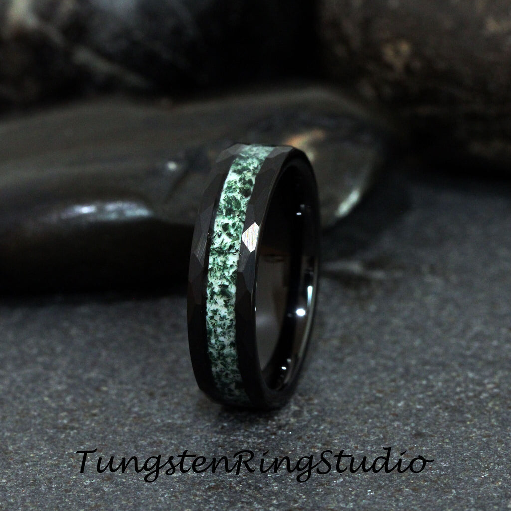 6mm Green Moss Agate Black Hammer Ring 8mm 4mm Tungsten Wedding Ring Eco-Friendly Men Wedding Band Moss Agate Black Mens Ring Men & Women