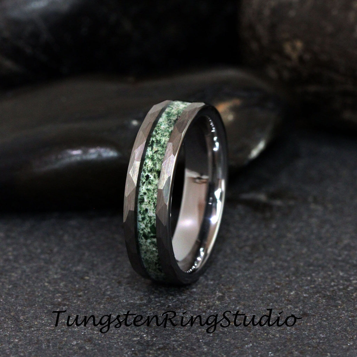 6mm Green Moss Agate Hammer Ring 8mm 4mm Tungsten Wedding Ring Eco-Friendly Men Wedding Band Moss Agate Black Ring Mens Ring Men & Women