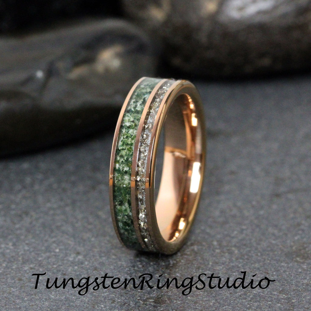Silver German Glass Moss Agate Wedding Ring 8mm 6mm Diamond Alternative Rose Gold Tungsten Eco-Friendly Men Band Mens Ring Men & Women Ring