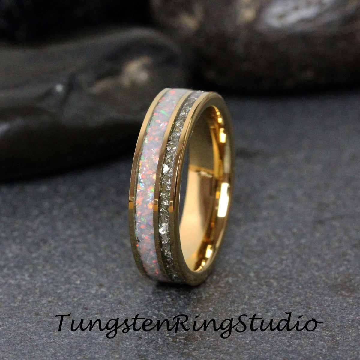 Gold Fire White Opal Ring Silver German Glass Wedding Ring 8mm 6mm Diamond Alternative Yellow Tungsten Mens Band Men & Women Ring
