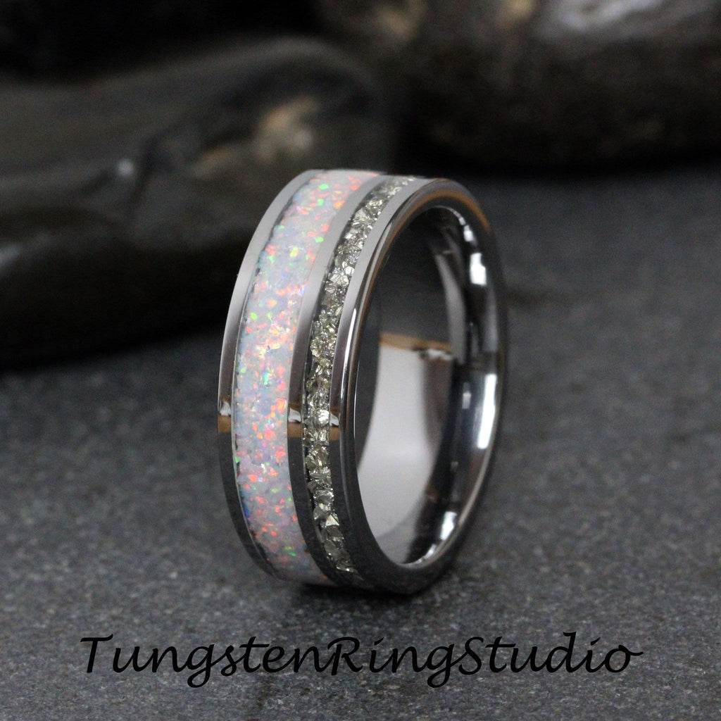 Mens Fire White Opal Ring Silver German Glass Wedding Ring 8mm 6mm Diamond Alternative Gray Tungsten Eco-Friendly Men Band Men & Women Ring