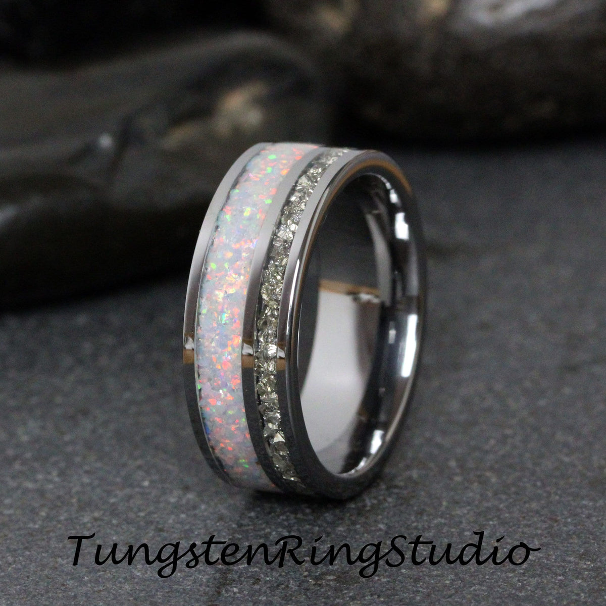 Mens Fire White Opal Ring Silver German Glass Wedding Ring 8mm 6mm Diamond Alternative Gray Tungsten Eco-Friendly Men Band Men & Women Ring