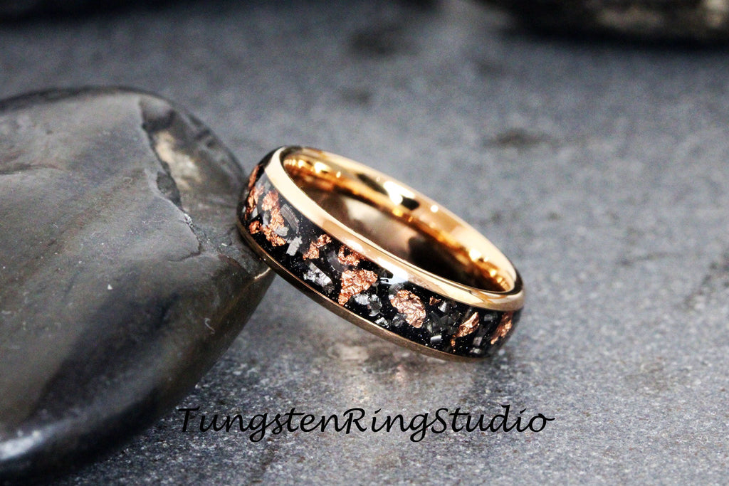 Copper Leaf Meteorite Ring, Rose Gold Wedding Foil Meteorite Ring 4mm 6mm 8mm Ring Meteorite Foil Leaf Ring Mens Wedding Rings Gold Accent