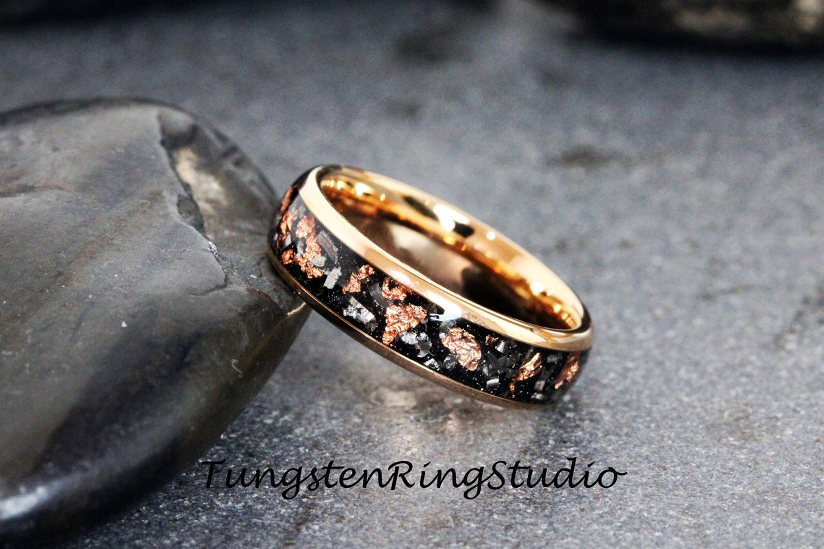 Copper Leaf Meteorite Ring, Rose Gold Wedding Foil Meteorite Ring 4mm 6mm 8mm Ring Meteorite Foil Leaf Ring Mens Wedding Rings Gold Accent