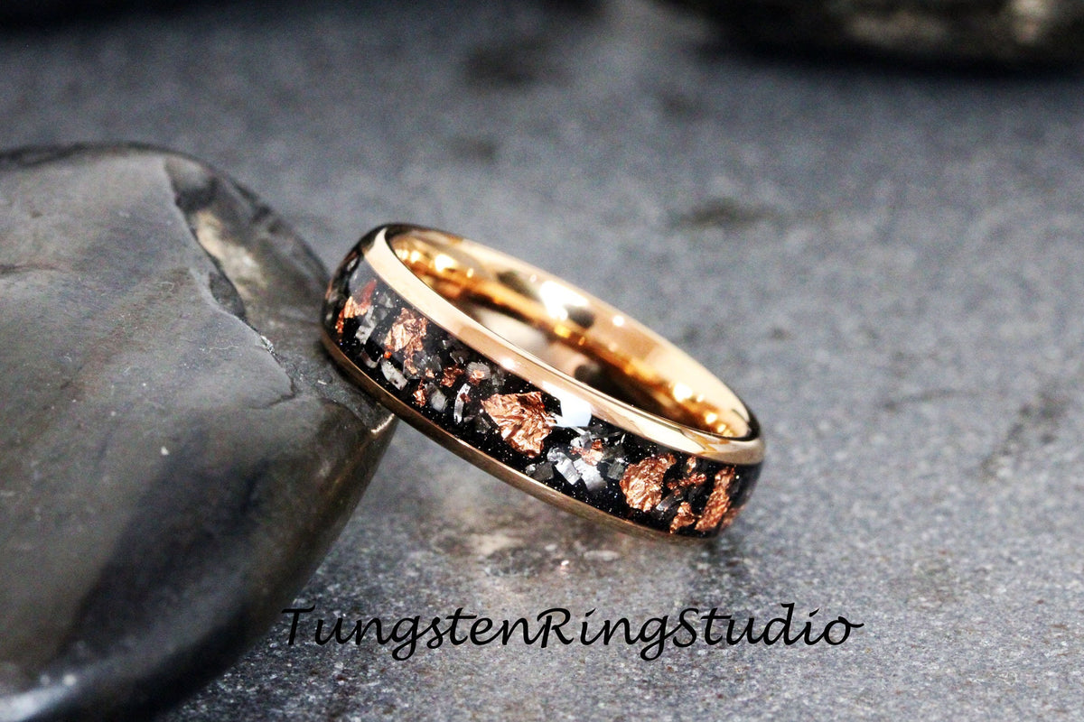 Copper Leaf Meteorite Ring, Rose Gold Wedding Foil Meteorite Ring 4mm 6mm 8mm Ring Meteorite Foil Leaf Ring Mens Wedding Rings Gold Accent