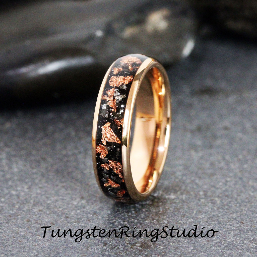 Copper Leaf Meteorite Ring, Rose Gold Wedding Foil Meteorite Ring 4mm 6mm 8mm Ring Meteorite Foil Leaf Ring Mens Wedding Rings Gold Accent