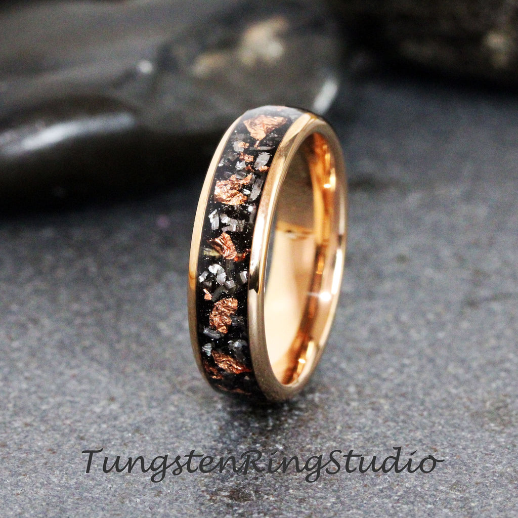 Copper Leaf Meteorite Ring, Rose Gold Wedding Foil Meteorite Ring 4mm 6mm 8mm Ring Meteorite Foil Leaf Ring Mens Wedding Rings Gold Accent