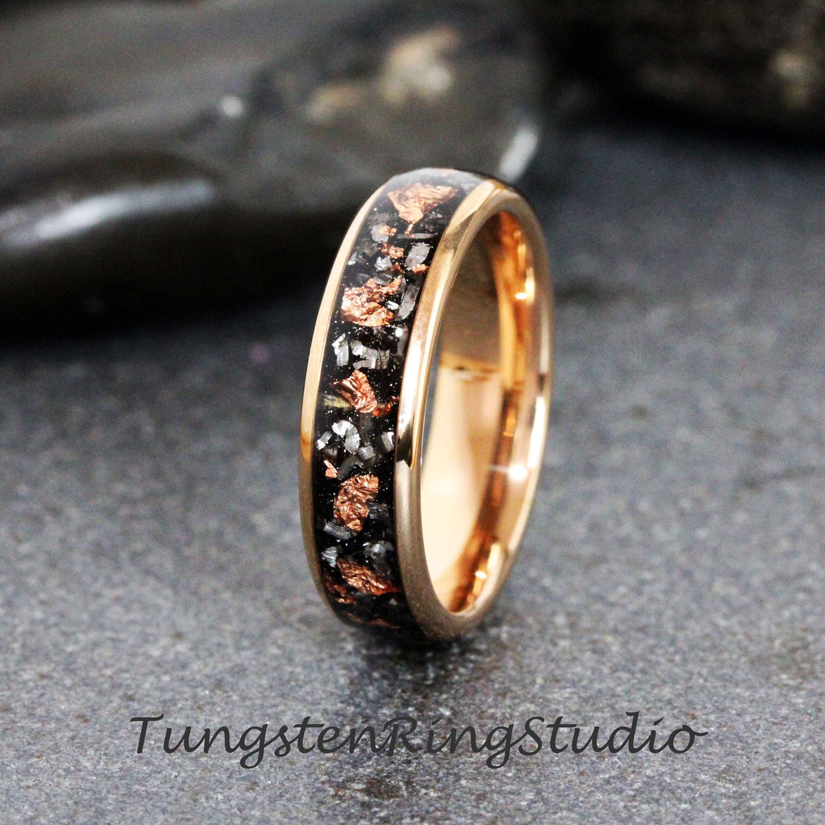 Copper Leaf Meteorite Ring, Rose Gold Wedding Foil Meteorite Ring 4mm 6mm 8mm Ring Meteorite Foil Leaf Ring Mens Wedding Rings Gold Accent