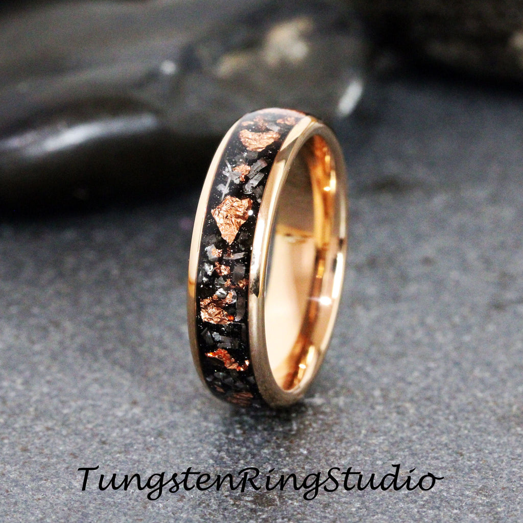 Copper Leaf Meteorite Ring, Rose Gold Wedding Foil Meteorite Ring 4mm 6mm 8mm Ring Meteorite Foil Leaf Ring Mens Wedding Rings Gold Accent